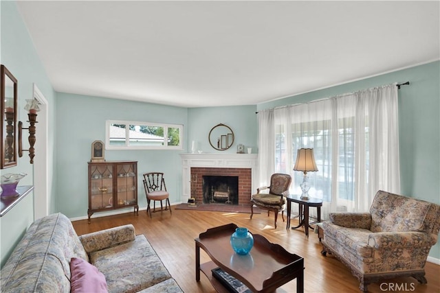 living room with a fireplace and light hardwood / wood-style flooring