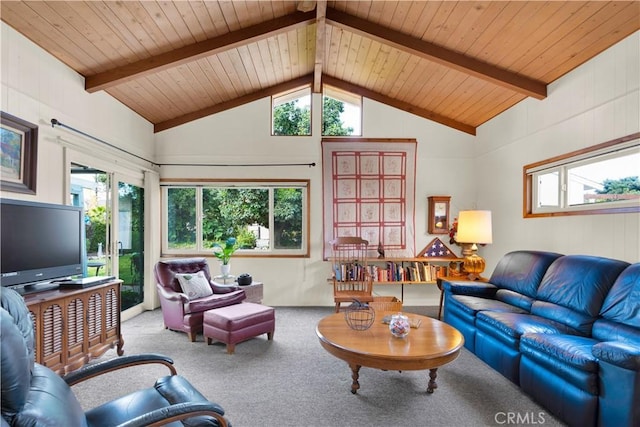 carpeted living room with wooden ceiling and lofted ceiling with beams