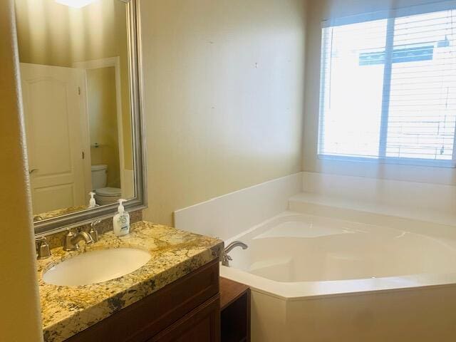 bathroom with a washtub, vanity, toilet, and a healthy amount of sunlight