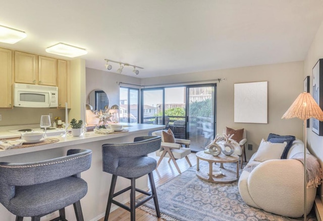 kitchen featuring rail lighting, light hardwood / wood-style flooring, cream cabinetry, and a kitchen bar