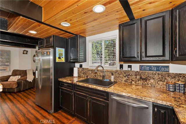 kitchen with dark hardwood / wood-style flooring, light stone counters, wood ceiling, stainless steel appliances, and sink