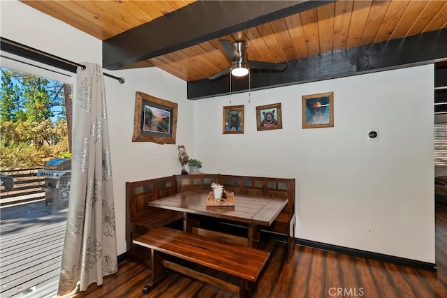 dining room featuring ceiling fan, beam ceiling, wooden ceiling, and dark wood-type flooring