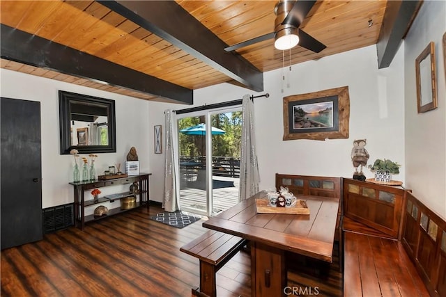 dining area with beam ceiling, ceiling fan, wooden ceiling, and dark hardwood / wood-style floors