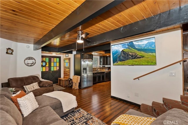 living room featuring wooden ceiling, french doors, dark hardwood / wood-style floors, ceiling fan, and beam ceiling