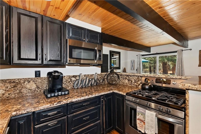 kitchen featuring beam ceiling, stainless steel appliances, light stone counters, and wood ceiling