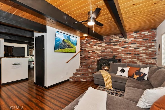 living room with beamed ceiling, wooden ceiling, and dark wood-type flooring