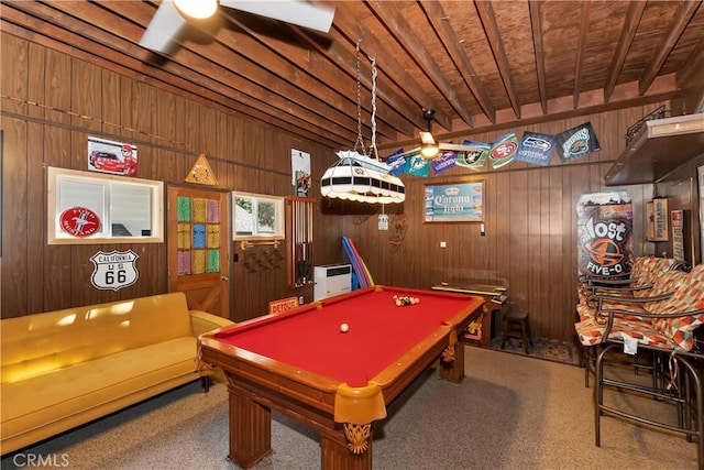 rec room featuring wooden walls and pool table