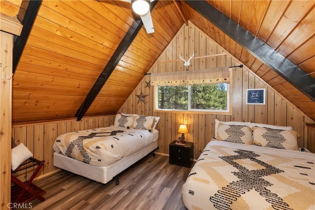 bedroom with vaulted ceiling with beams, wood ceiling, dark wood-type flooring, and wooden walls