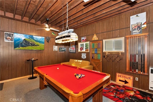 rec room featuring carpet, beam ceiling, wood walls, and billiards