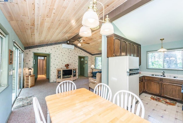 dining room with ceiling fan, sink, wooden ceiling, lofted ceiling with beams, and light colored carpet