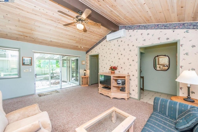 living room featuring carpet flooring, vaulted ceiling with beams, ceiling fan, a wall mounted AC, and wood ceiling