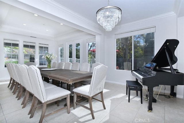 tiled dining room featuring ornamental molding and a notable chandelier