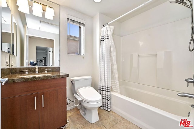 full bathroom featuring tile patterned flooring, vanity, shower / tub combo with curtain, and toilet