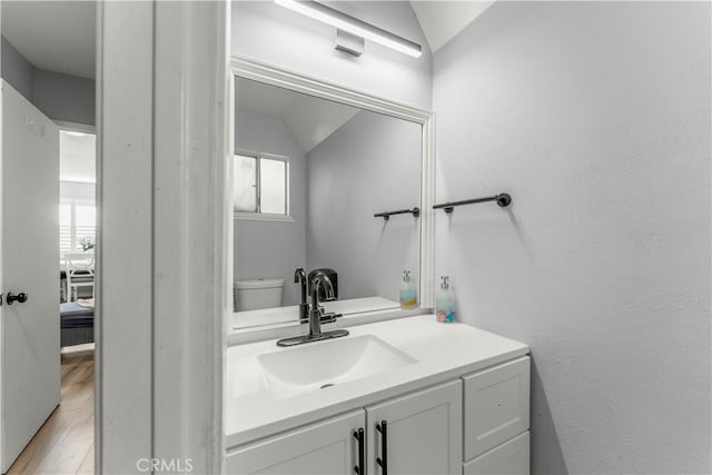 bathroom featuring vanity, vaulted ceiling, a wealth of natural light, and toilet