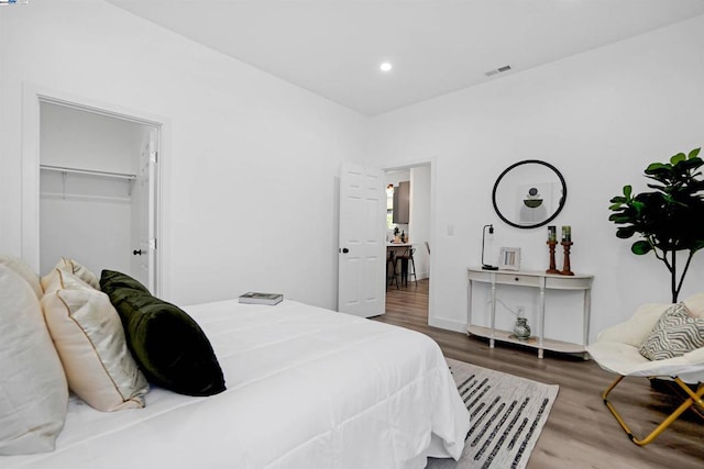 bedroom featuring a spacious closet, a closet, and dark wood-type flooring