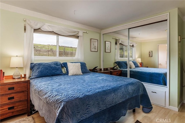 bedroom with a closet and light hardwood / wood-style floors