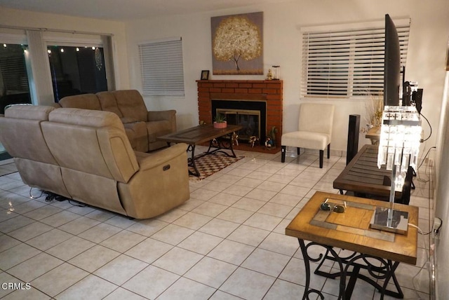 tiled living room with a fireplace