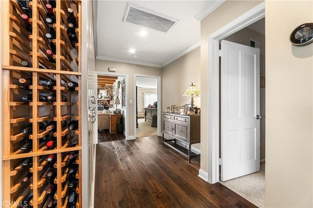 wine area featuring ornamental molding and dark hardwood / wood-style floors