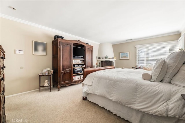 carpeted bedroom featuring ornamental molding