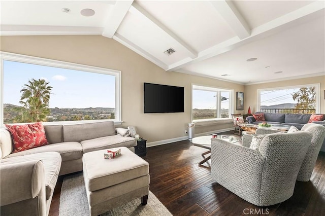 living room with dark wood-type flooring and lofted ceiling with beams