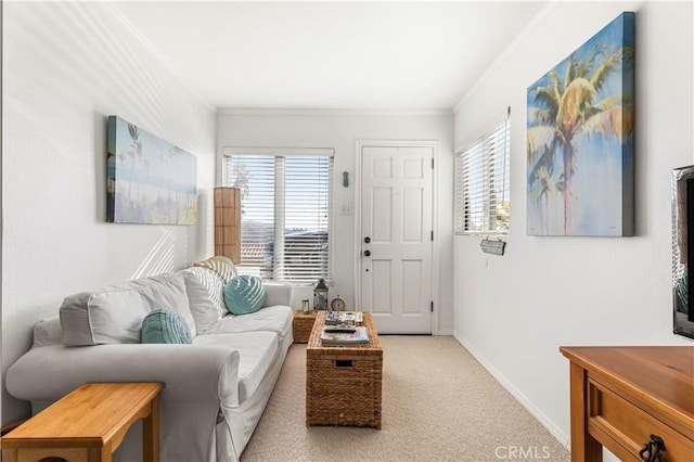 carpeted living room featuring plenty of natural light and crown molding