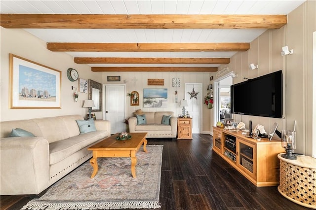 living room with wood ceiling, dark hardwood / wood-style floors, and beamed ceiling