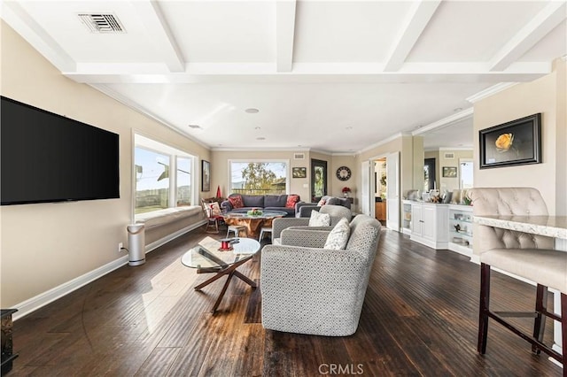 living room featuring dark wood-type flooring, crown molding, and beamed ceiling