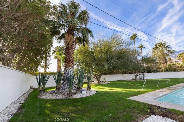 view of yard with a fenced in pool