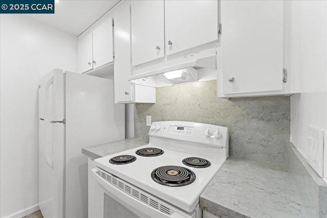 kitchen with white cabinetry and white appliances