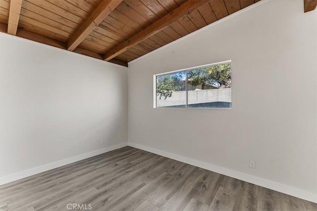 unfurnished room featuring wooden ceiling, lofted ceiling with beams, and hardwood / wood-style flooring