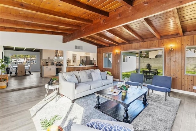 living room featuring hardwood / wood-style flooring, lofted ceiling with beams, wood ceiling, and wooden walls