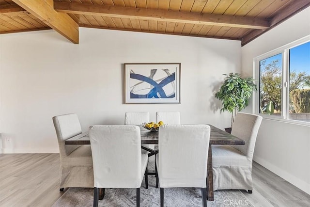 dining area with vaulted ceiling with beams, light hardwood / wood-style flooring, and wooden ceiling