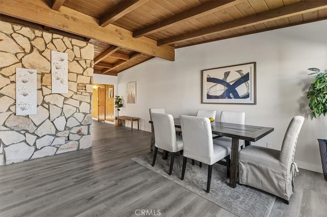 dining space with wooden ceiling, dark hardwood / wood-style flooring, and lofted ceiling with beams