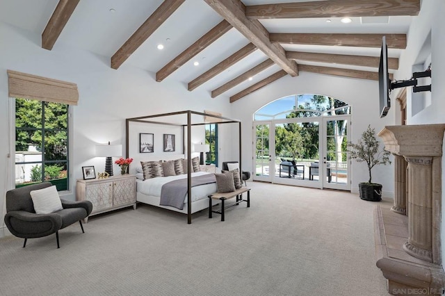 carpeted bedroom with beamed ceiling, access to outside, high vaulted ceiling, and french doors