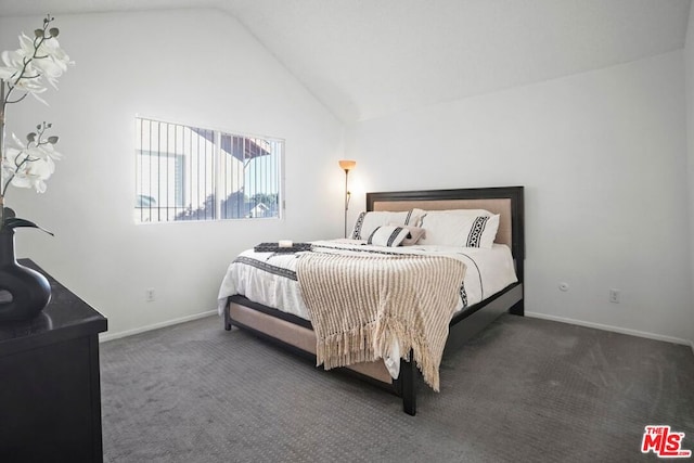 bedroom with vaulted ceiling and dark colored carpet