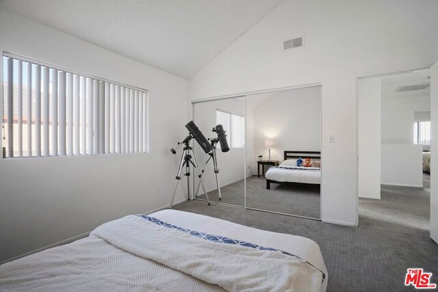 carpeted bedroom featuring high vaulted ceiling and a closet