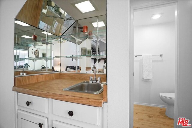 bathroom with vanity, hardwood / wood-style floors, and toilet