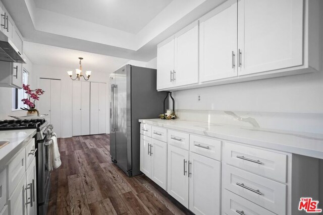 kitchen with white cabinetry, stainless steel appliances, dark hardwood / wood-style flooring, and light stone counters