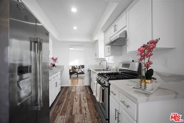 kitchen featuring sink, dark wood-type flooring, white cabinetry, stainless steel appliances, and a tray ceiling