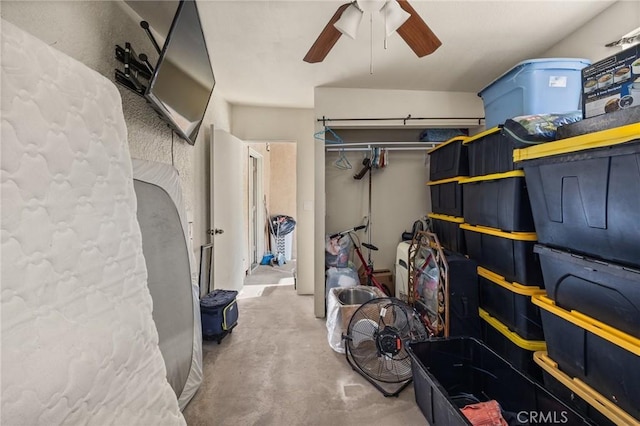 storage area featuring ceiling fan