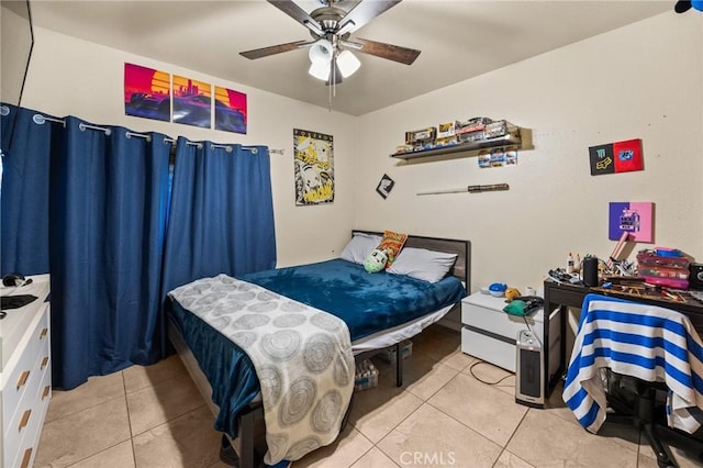 bedroom with light tile patterned floors and ceiling fan