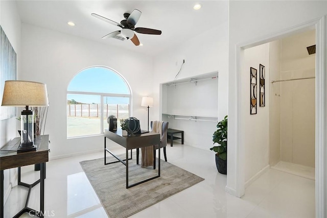 office area with baseboards, a ceiling fan, and recessed lighting