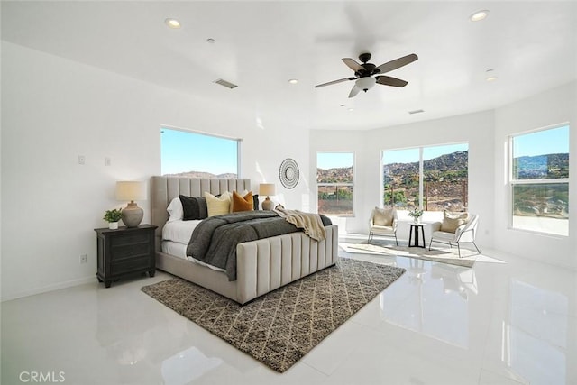 tiled bedroom with recessed lighting, visible vents, a ceiling fan, and baseboards