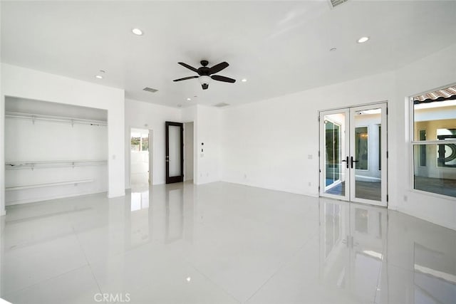 unfurnished bedroom with french doors, a ceiling fan, visible vents, and recessed lighting