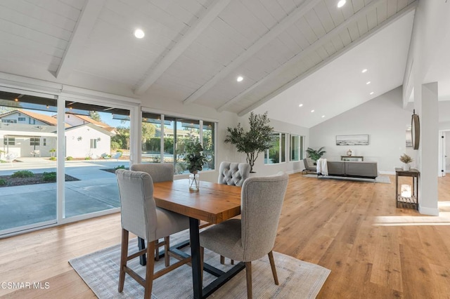 dining area with high vaulted ceiling, wooden ceiling, light hardwood / wood-style flooring, and beamed ceiling