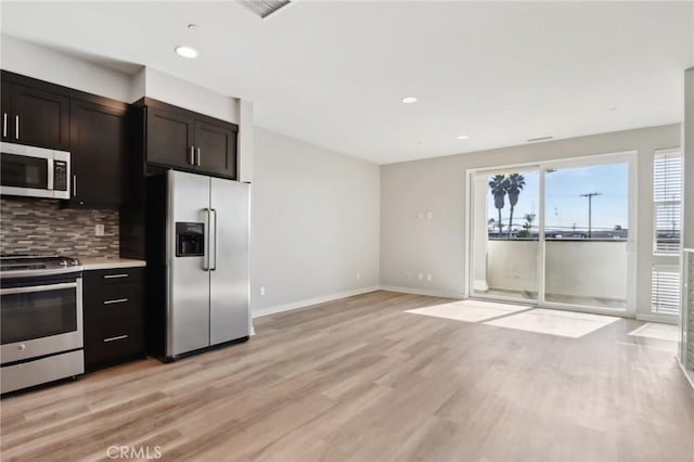 kitchen featuring backsplash, dark brown cabinets, stainless steel appliances, and light hardwood / wood-style flooring