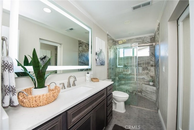 bathroom with crown molding, toilet, vanity, and walk in shower