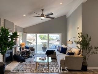 living room featuring lofted ceiling and ceiling fan