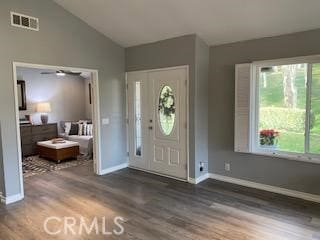 entrance foyer featuring ceiling fan, dark wood-type flooring, and lofted ceiling