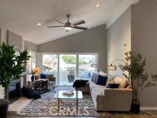 living room with vaulted ceiling and ceiling fan